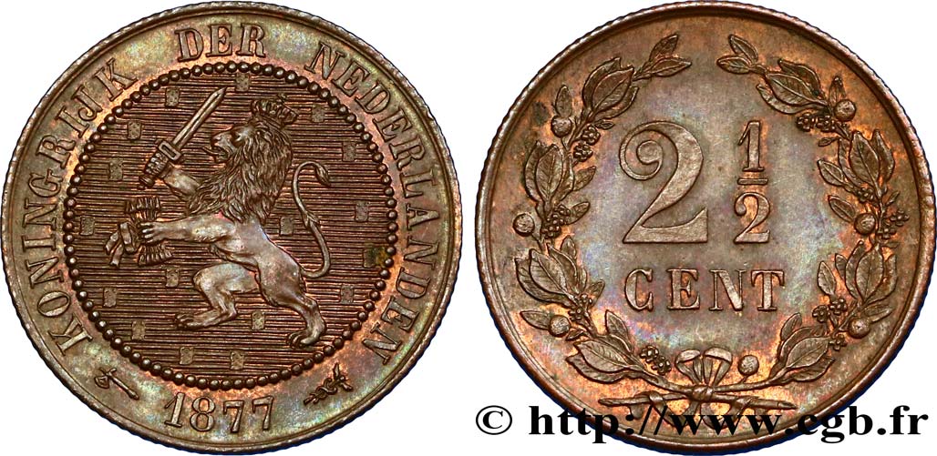 PAYS-BAS 2 1/2 Cents lion couronné 1877 Utrecht SUP+ 