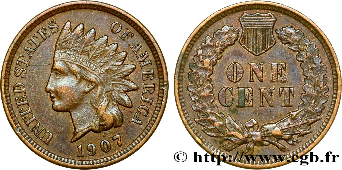 UNITED STATES OF AMERICA 1 Cent tête d’indien, 3e type 1907 Philadelphie XF 