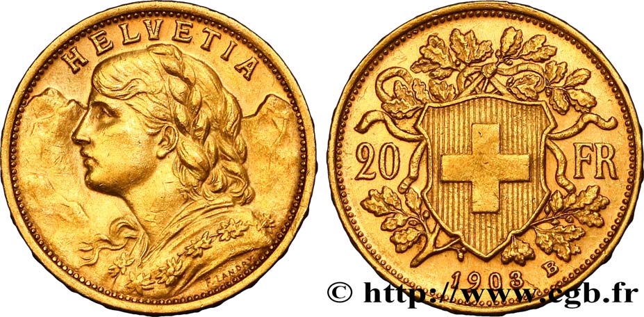 SUISSE 20 Francs  Vreneli  1903 Berne TTB+ 