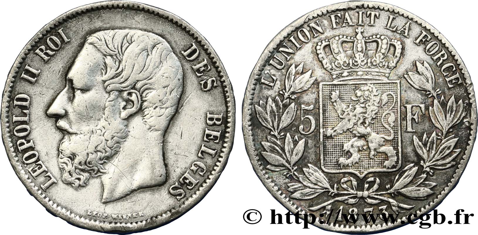 BELGIQUE 5 Francs Léopold II faux en étain 1873  TB+ 