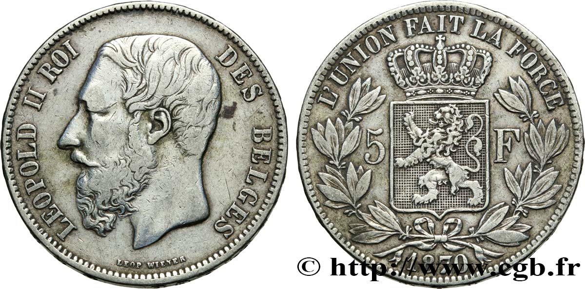 BELGIUM 5 Francs Léopold II 1870  VF 