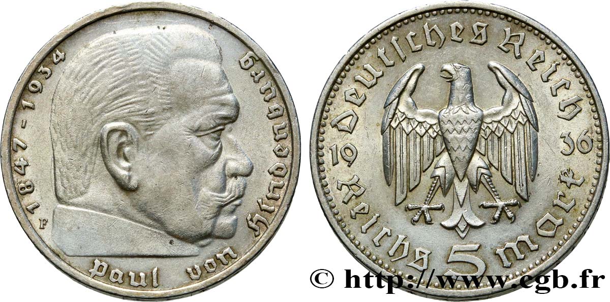 ALLEMAGNE 5 Reichsmark Maréchal Paul von Hindenburg 1936 Stuttgart SUP 