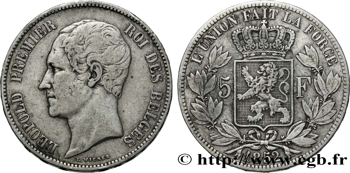 BELGIQUE 5 Francs Léopold Ier 1852 Bruxelles TTB 