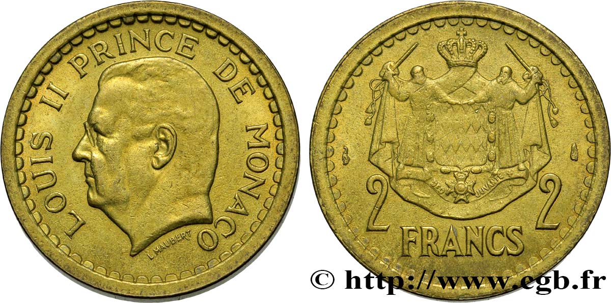 MONACO 2 Francs Louis II / armes (1943) Paris AU 