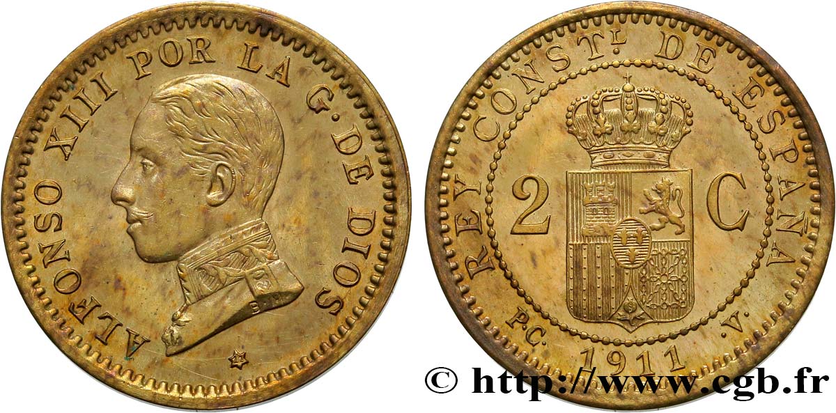 SPAIN 2 Centimos Alphonse XIII 1911 Madrid MS 