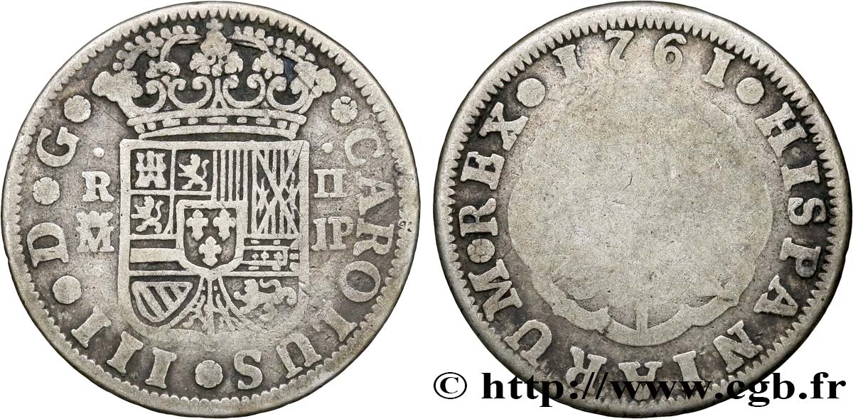 ESPAGNE 2 Reales au nom de Charles III 1761 Madrid TB 