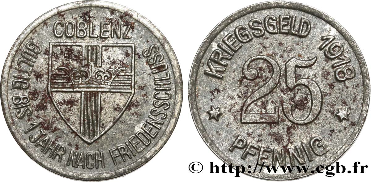 ALLEMAGNE - Notgeld 25 Pfennig Coblenz (Coblence) 1918  TTB+ 