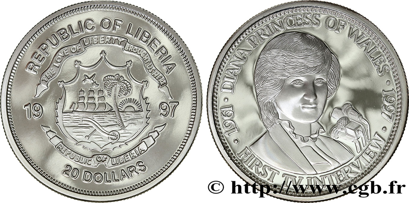 LIBERIA 20 Dollars Proof première interview télévisée de la princesse Diana 1997  FDC 