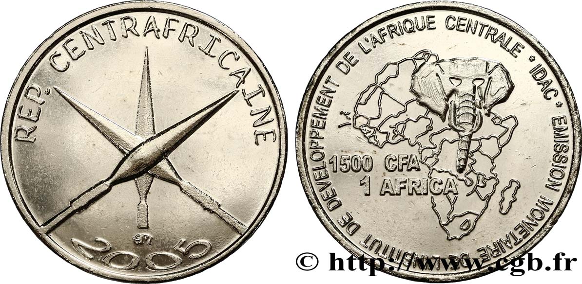 CENTRAFRIQUE 1500 Francs CFA lances croisées 2005  SPL 