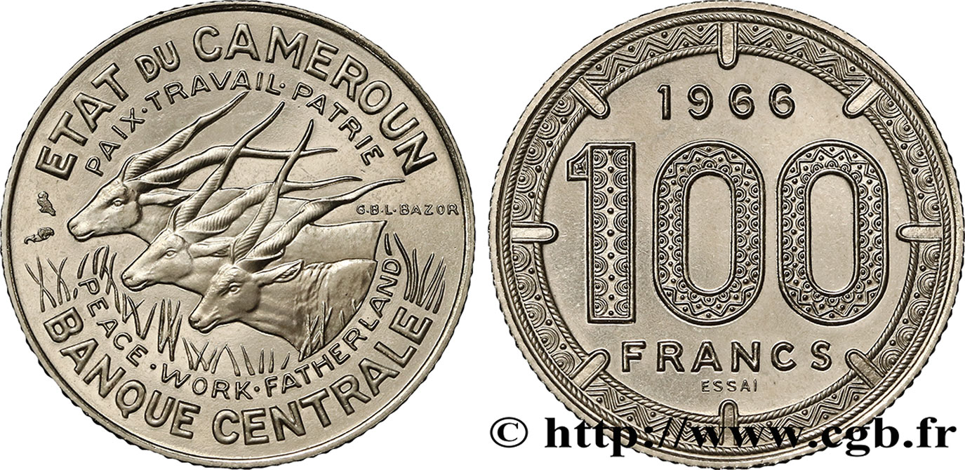 CAMEROUN Essai de 100 Francs Etat du Cameroun, commémoration de l’indépendance, antilopes 1966 Paris SPL 