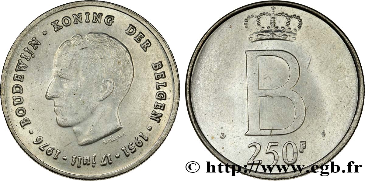 BELGIQUE 250 Francs jubilé d’argent du roi Baudouin légende flamande 1976 Bruxelles SUP 