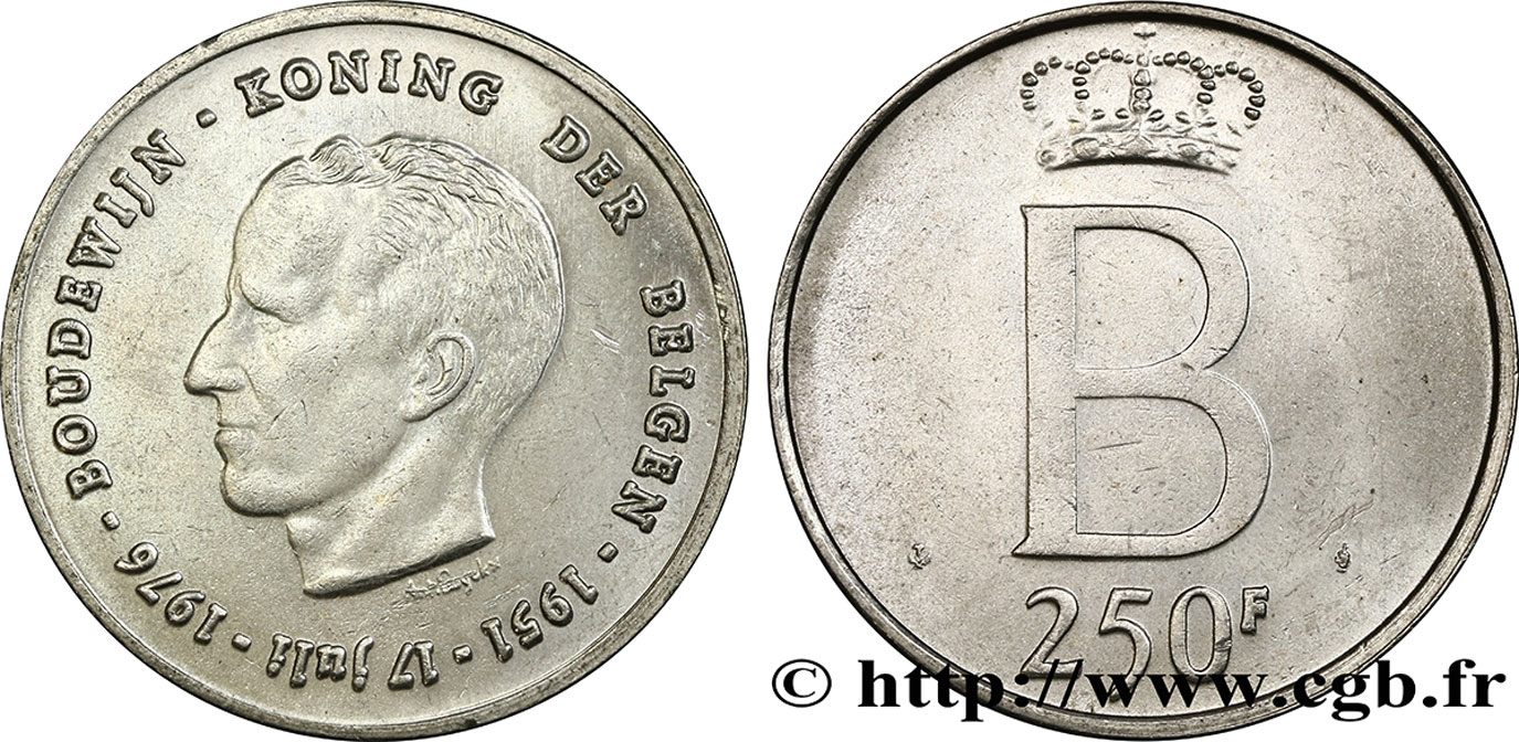 BELGIQUE 250 Francs jubilé d’argent du roi Baudouin légende flamande 1976 Bruxelles SUP 