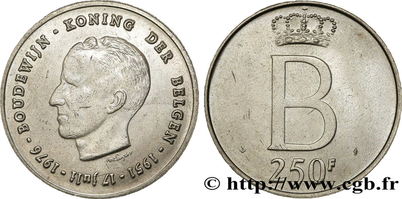BELGIUM 250 Francs jubilé d’argent du roi Baudouin légende flamande 1976 Bruxelles AU 