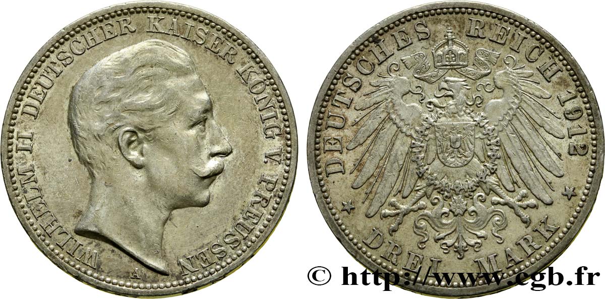 ALLEMAGNE - PRUSSE 3 Mark Guillaume II  1912 Berlin TTB+ 