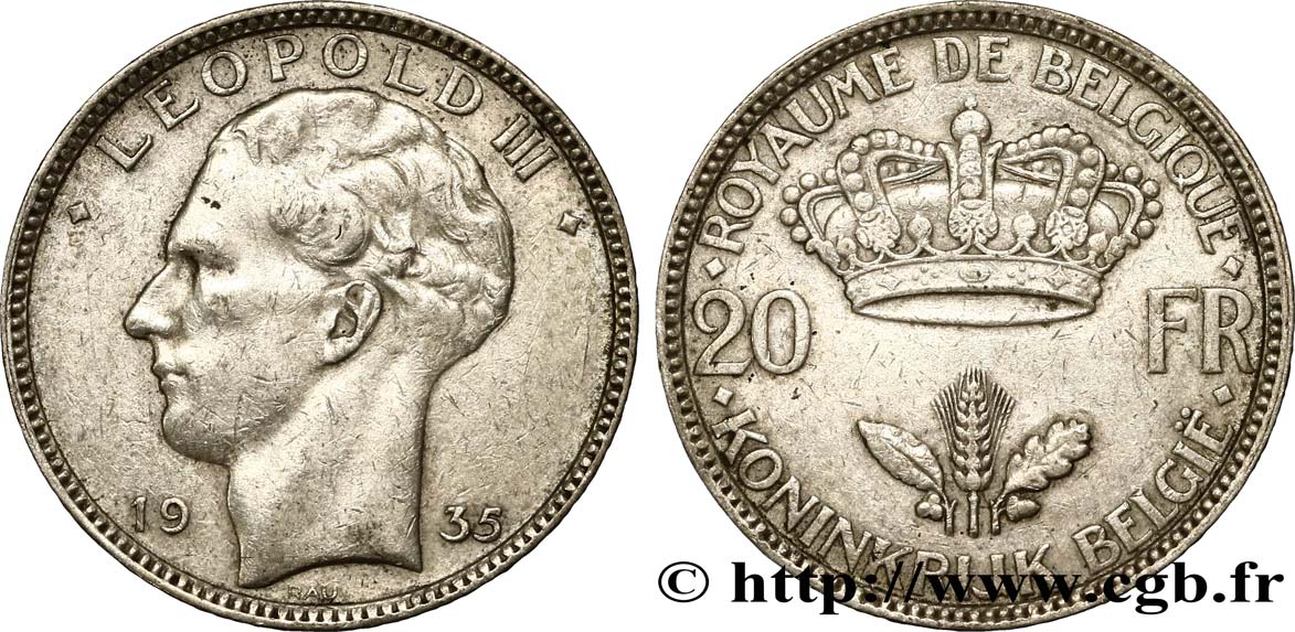 BELGIQUE 20 Francs Léopold III 1935  TTB 