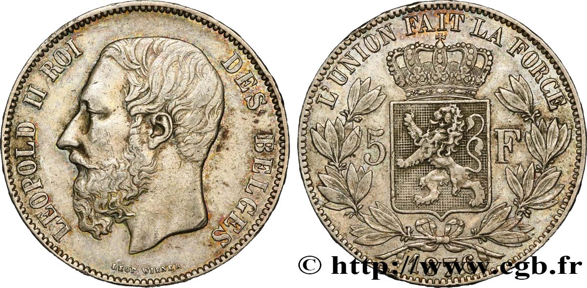 BELGIUM 5 Francs Léopold II 1876  AU 