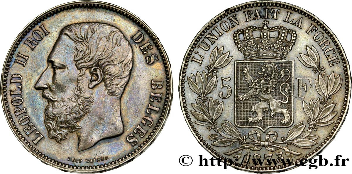 BELGIQUE 5 Francs Léopold II 1873  TTB+/SUP 