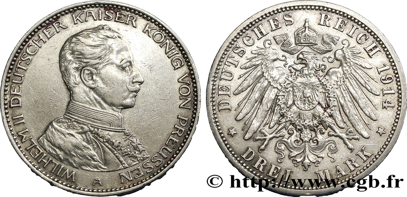 ALLEMAGNE - PRUSSE 3 Mark Guillaume II 1914 Berlin TTB 