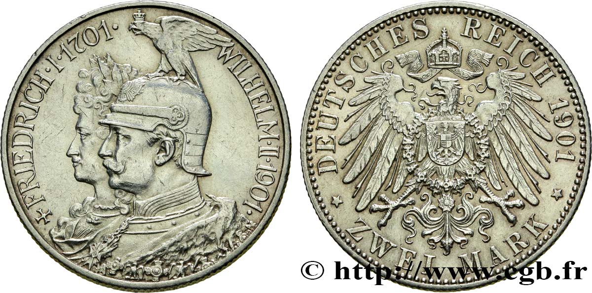 ALLEMAGNE - PRUSSE 2 Mark Guillaume II 200e anniversaire de la Prusse 1901 Berlin SUP 