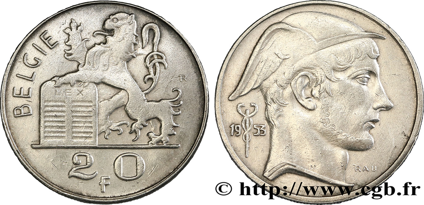 BELGIQUE 20 Francs Mercure, légende flamande 1953  TTB 