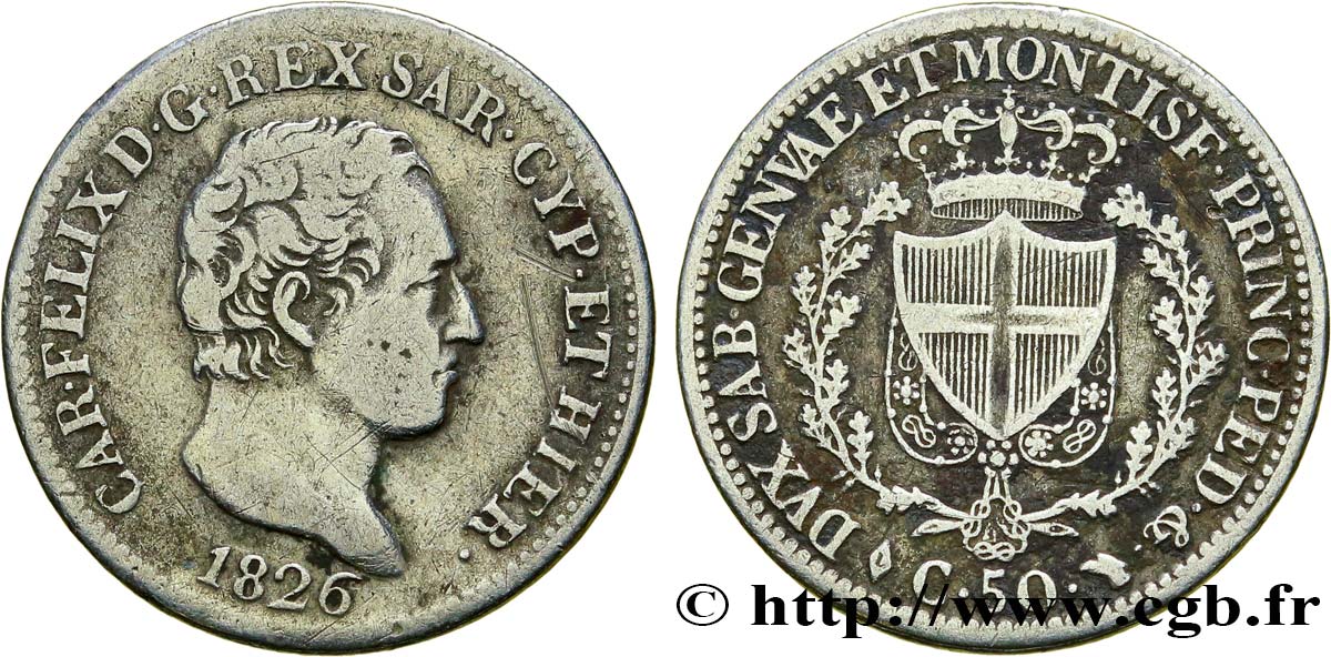 ITALIE - ROYAUME DE SARDAIGNE 50 Centesimi Charles Félix, roi de Sardaigne type “P” 1826 Turin TB 