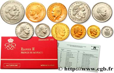 MONACO Série FDC (1, 5, 10 et 20 Centimes, 1/2, 1, 2, 5 et 100 Francs, 10 Francs Rainier III et 10 Francs Princesse Grace) 1982 Paris FDC 