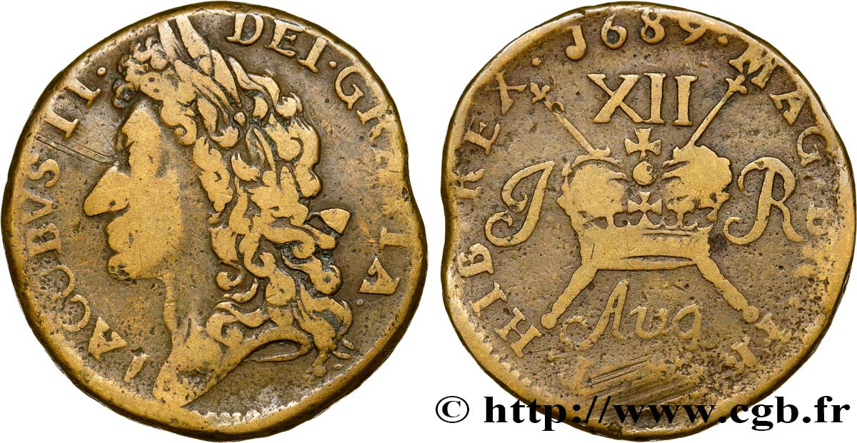 IRLANDE 1 Shilling Jacques II frappée pour le mois d’Aout 1689  TB 