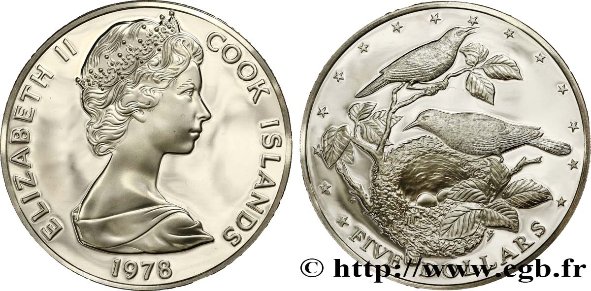 ÎLES COOK  5 Dollars Proof Gerygones (oiseaux) et nid 1978 Franklin Mint FDC 