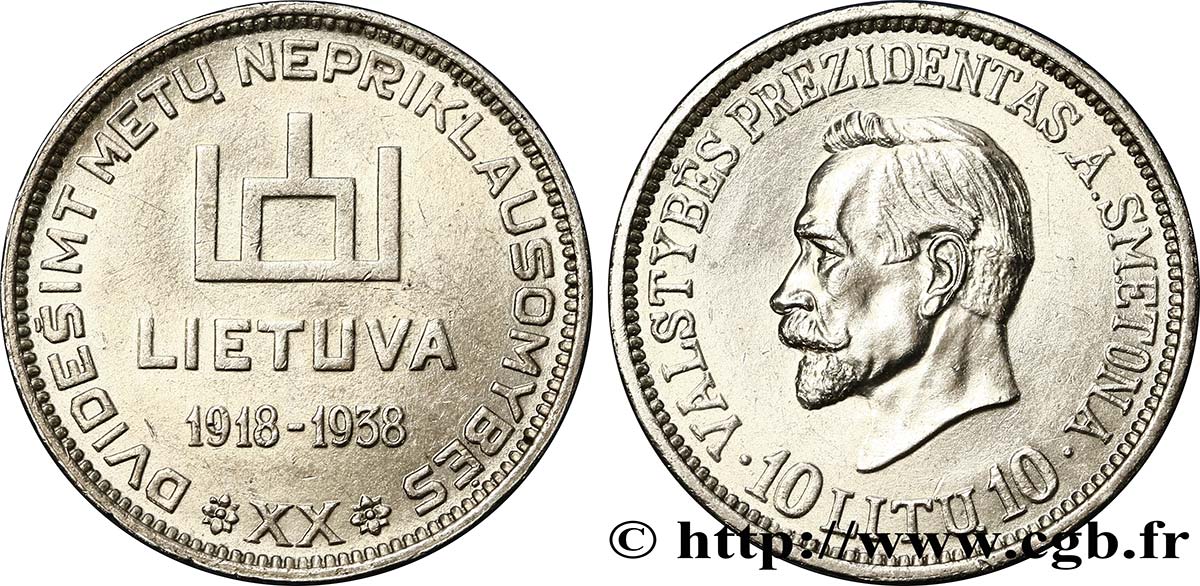 LITUANIE 10 Litu 20e anniversaire de la république 1938  TTB 