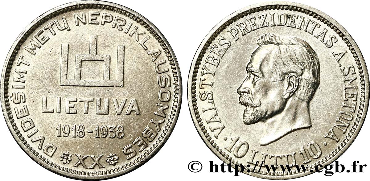 LITUANIE 10 Litu 20e anniversaire de la république 1938  TTB 