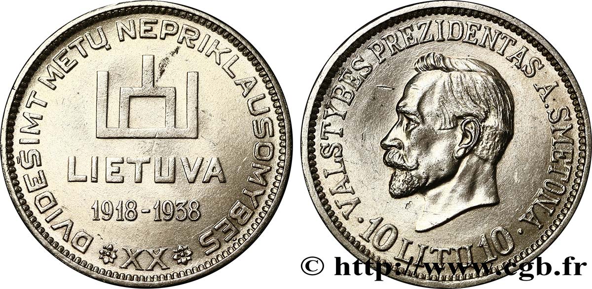 LITUANIE 10 Litu 20e anniversaire de la république 1938  TTB+ 