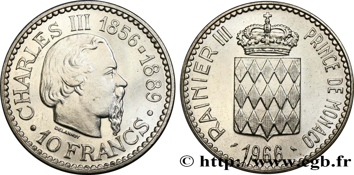 MONACO 10 Francs Charles III 1966 Paris VZ+ 