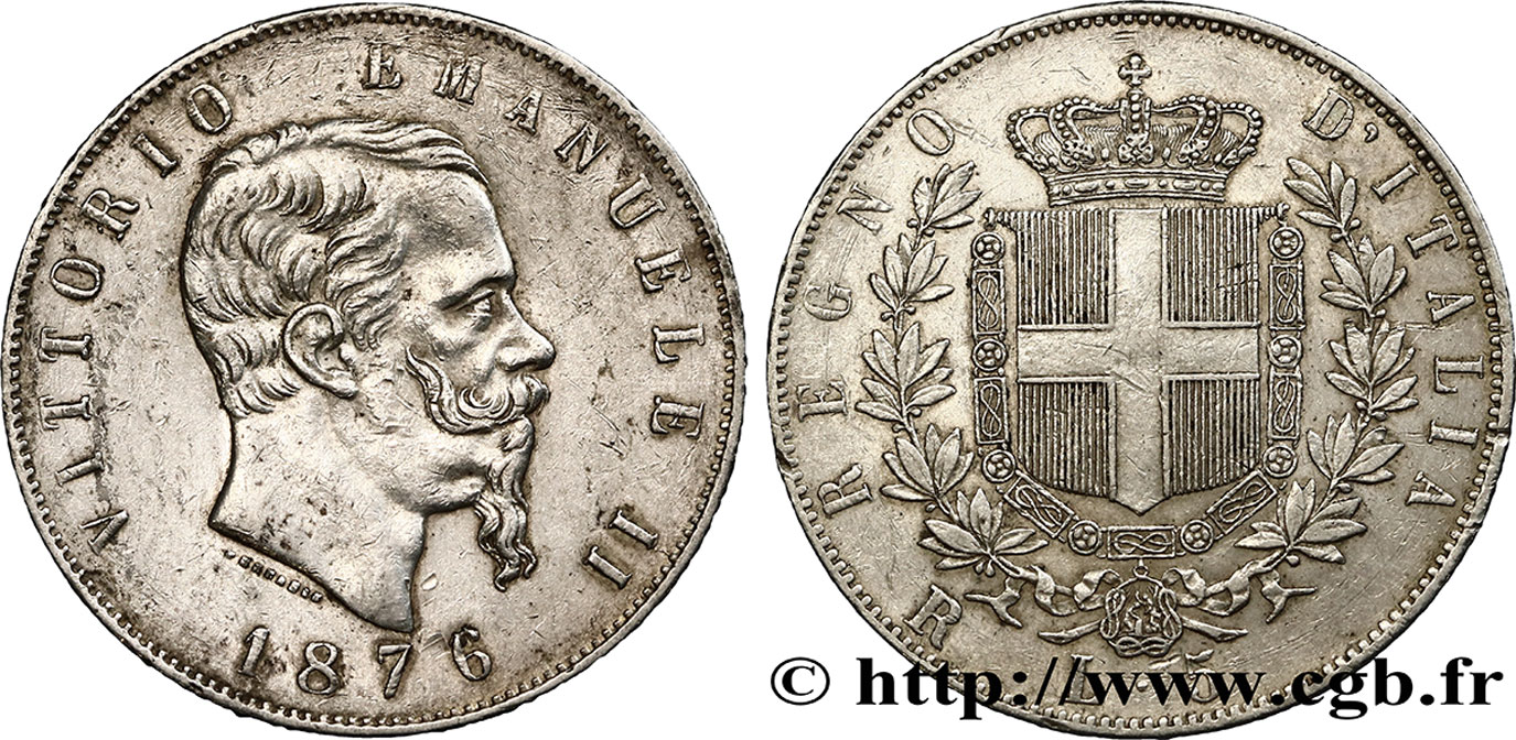 ITALIE 5 Lire Victor Emmanuel II 1876 Rome TTB 