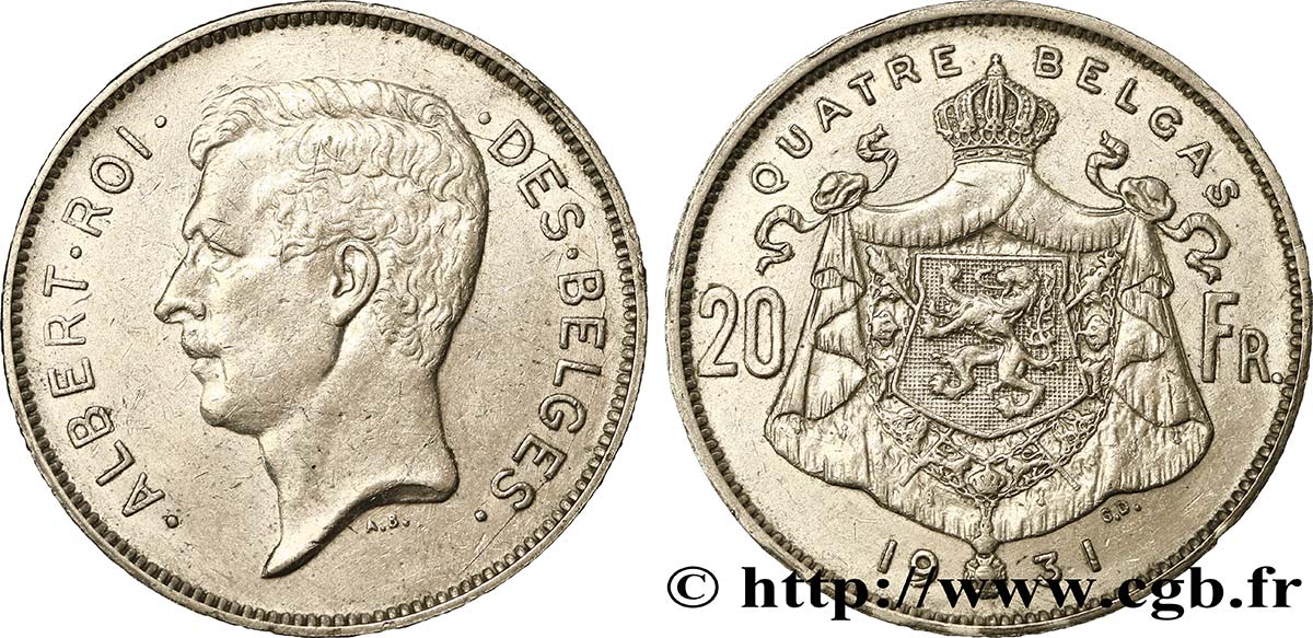 BELGIQUE 20 Francs - 4 Belga Albert Ier légende Française position B 1931  TTB 