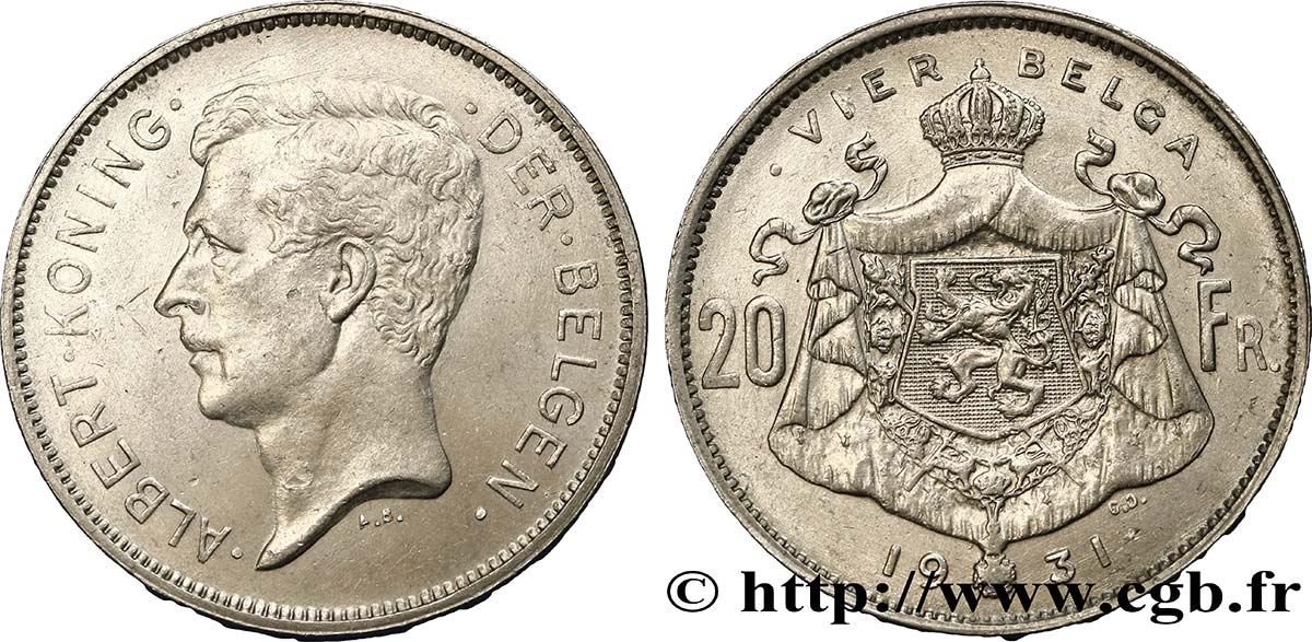BELGIQUE 20 Francs - 4 Belga Albert Ier légende Flamande position B 1931  SUP 