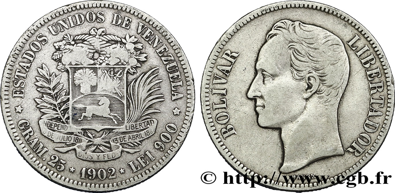 VENEZUELA 5 Bolivares Simon Bolivar 1902 Philadelphie VF 