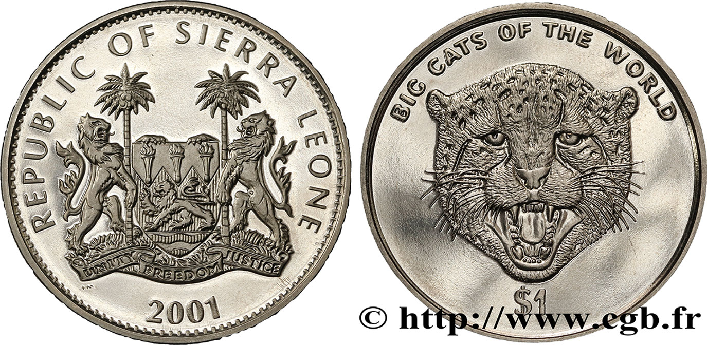 SIERRA LEONE 1 Dollar Proof Cheetah 2001  SPL 