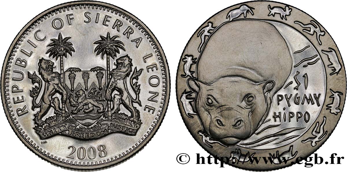 SIERRA LEONE 1 Dollar Proof Animaux nocturnes : hippopotame nain 2008  SPL 