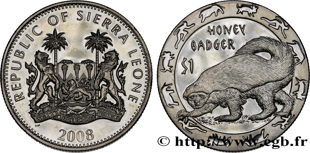 SIERRA LEONE 1 Dollar Proof Animaux nocturnes : ratel 2008  fST 