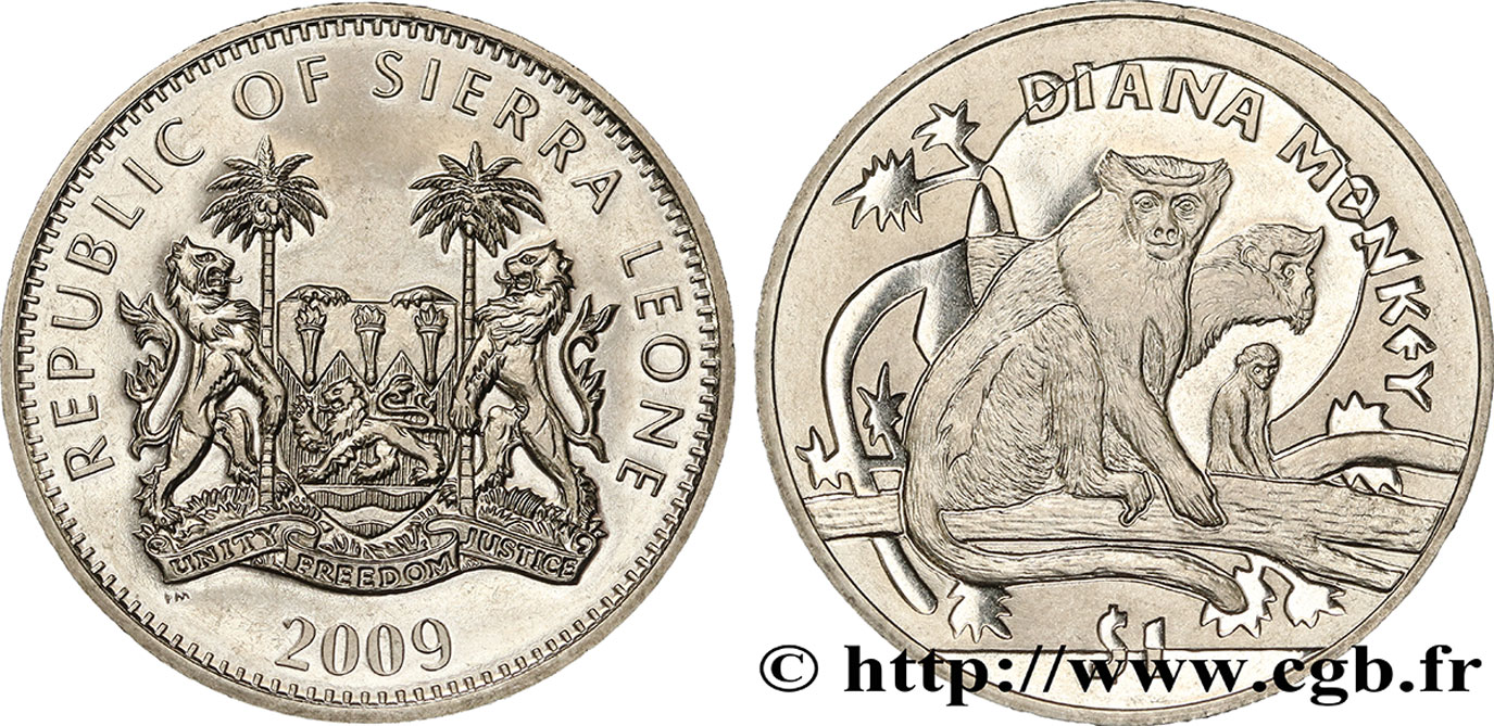 SIERRA LEONE 1 Dollar Proof Cercopithèque Diane 2009  fST 