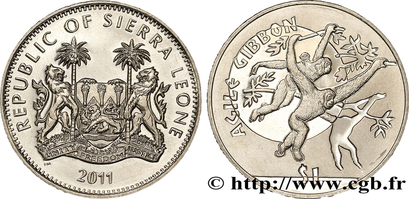 SIERRA LEONE 1 Dollar Proof Gibbon agile 2011  SPL 