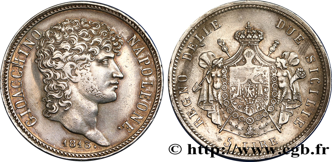 ITALY - KINGDOM OF NAPLES - JOACHIM MURAT 5 Lire 1813 Naples XF 