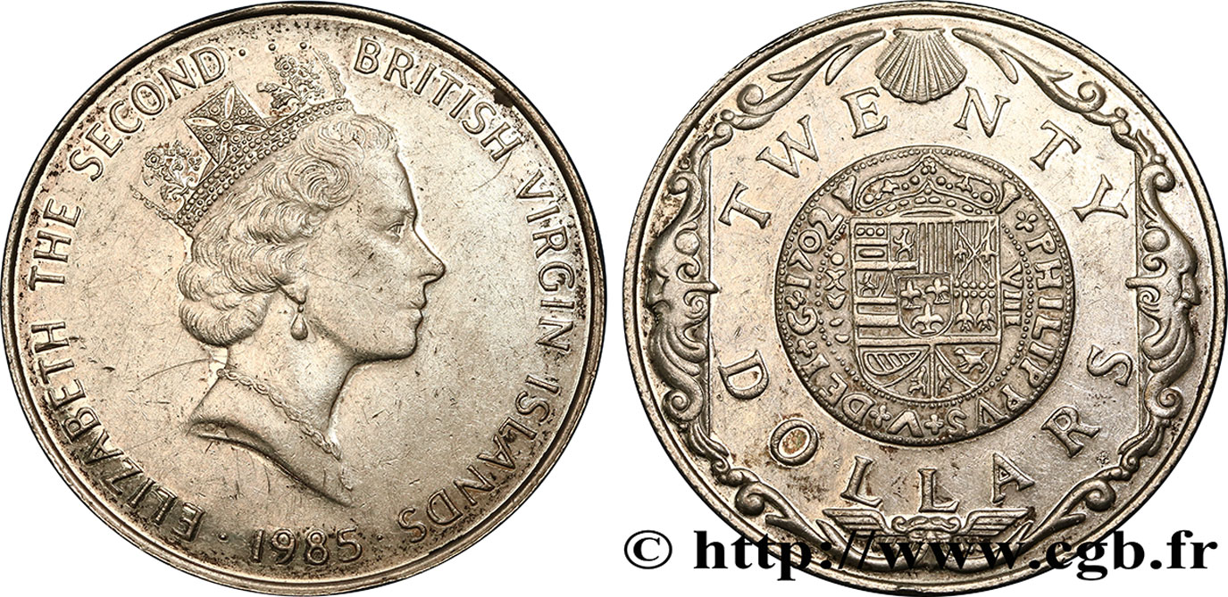 ÎLES VIERGES BRITANNIQUES 20 Dollars Proof Elisabeth II / monnaie d’or de Philippe V 1985  TTB 
