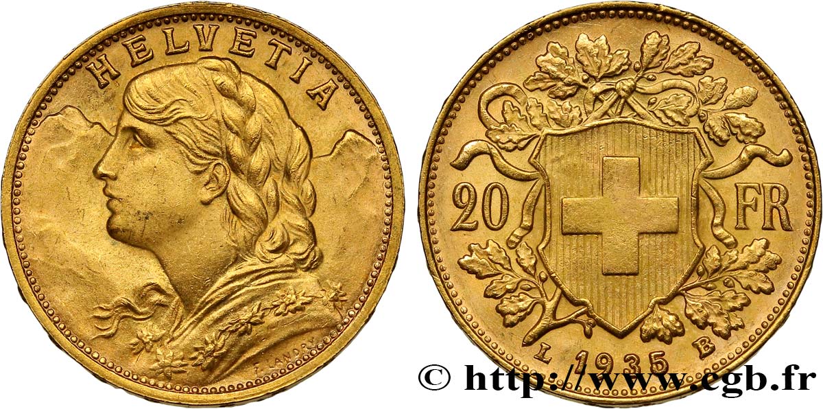 SUISSE 20 Francs or  Vreneli   1935 Berne SUP 
