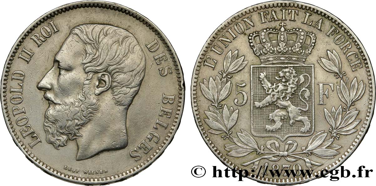 BELGIQUE 5 Francs Léopold II 1870  TTB 