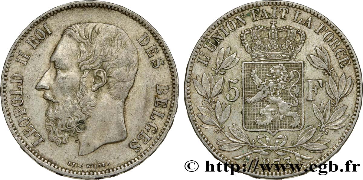BELGIQUE 5 Francs Léopold II 1873  TTB 