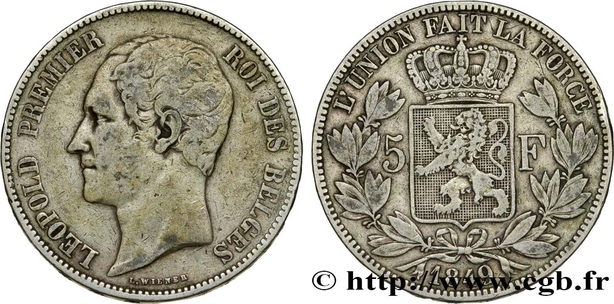 BELGIQUE 5 Francs Léopold Ier tête nue 1849  TB+ 