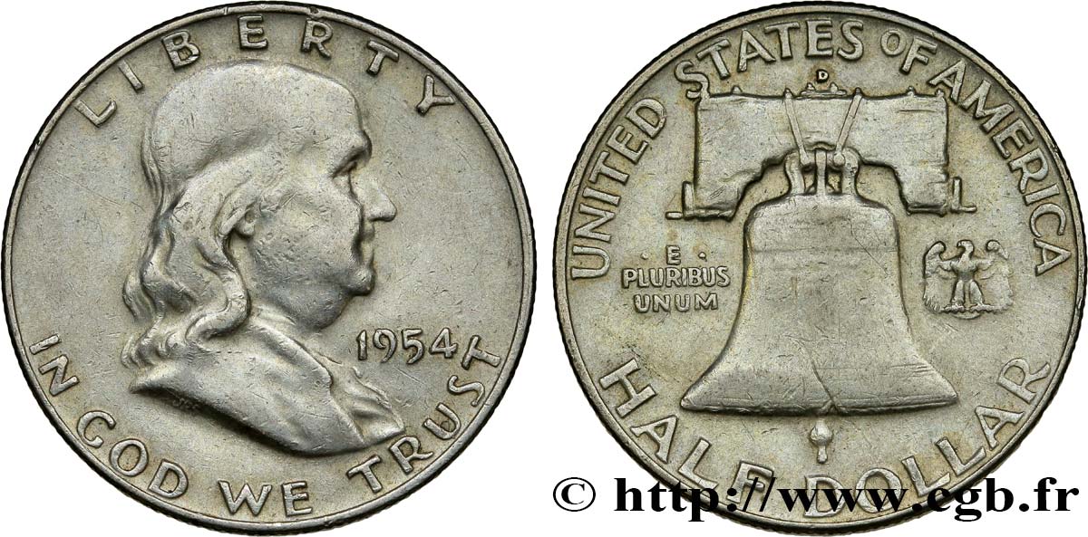ÉTATS-UNIS D AMÉRIQUE 1/2 Dollar Benjamin Franklin 1954 Denver TTB 