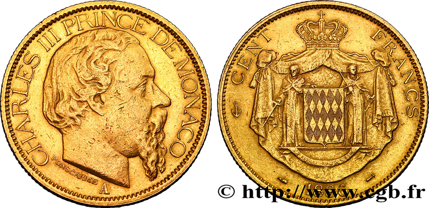 MONACO - PRINCIPALITY OF MONACO - CHARLES III 100 Francs or 1886 Paris XF 