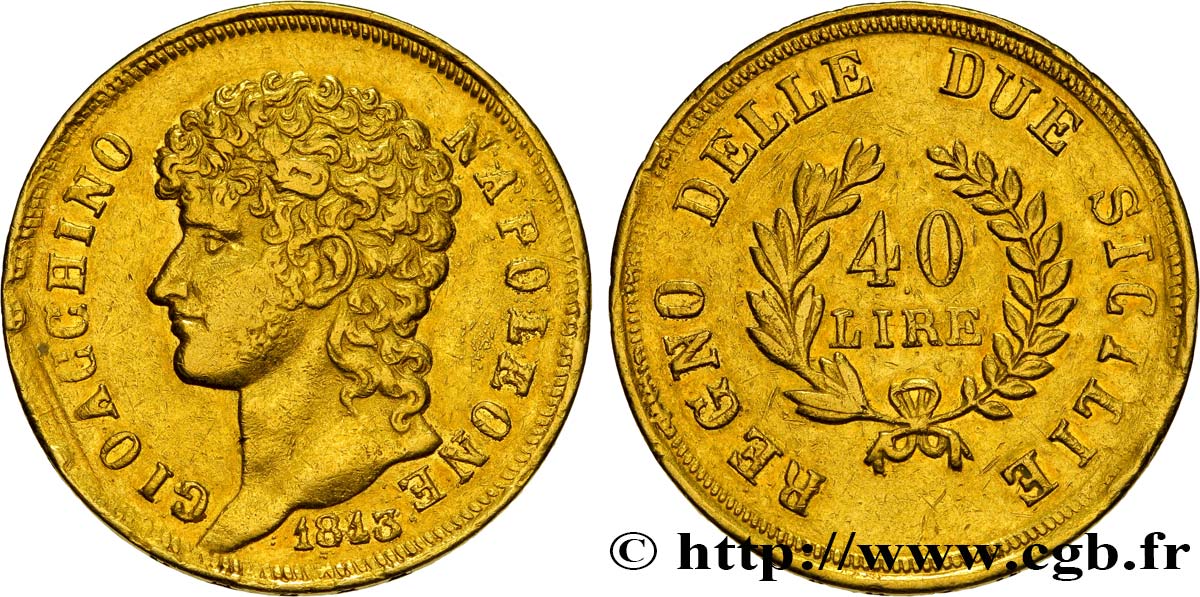 ITALY - KINGDOM OF NAPLES - JOACHIM MURAT 40 Lire or, rameaux longs 1813 Naples XF 